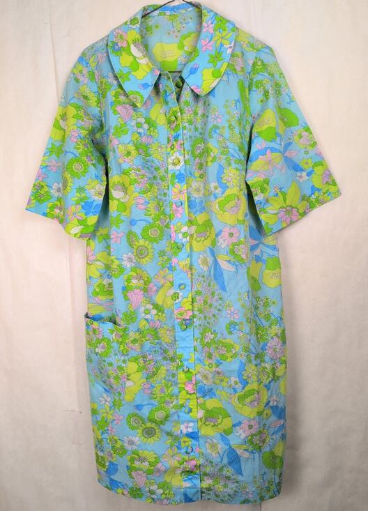 Vintage Dresses & Skirts - Vintage green floral print chore pocket shirt dress Size Large 60s Retro Mod